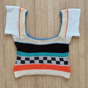 Crochet Open Knit Crop Top Square Neck Cap Sleeve Sz Medium